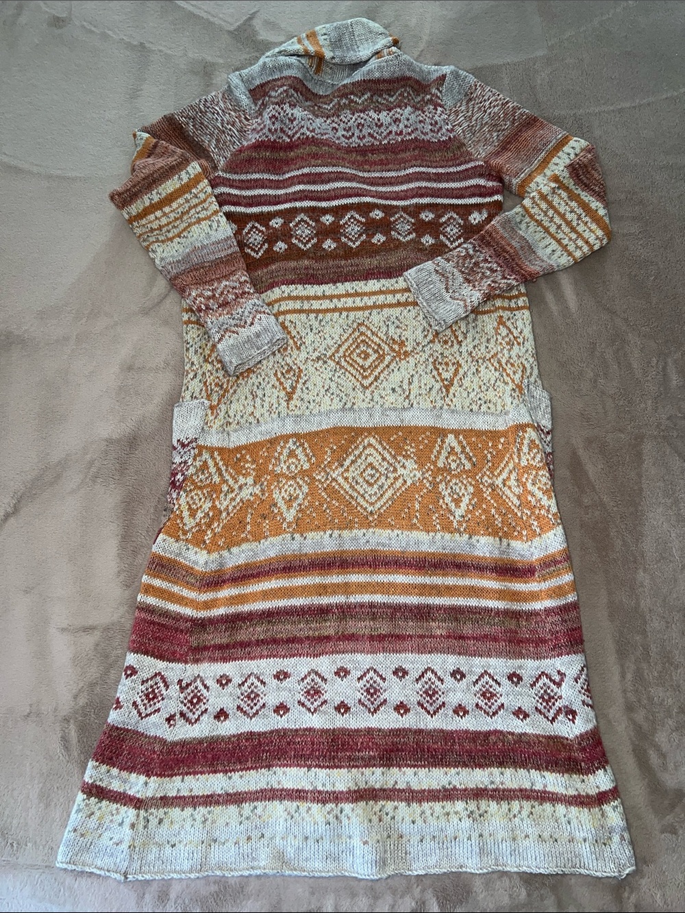 Free People Striped Open Maxi Cardigan Duster in Cream, Rust, Orange Wool Blend - Picture 4 of 12